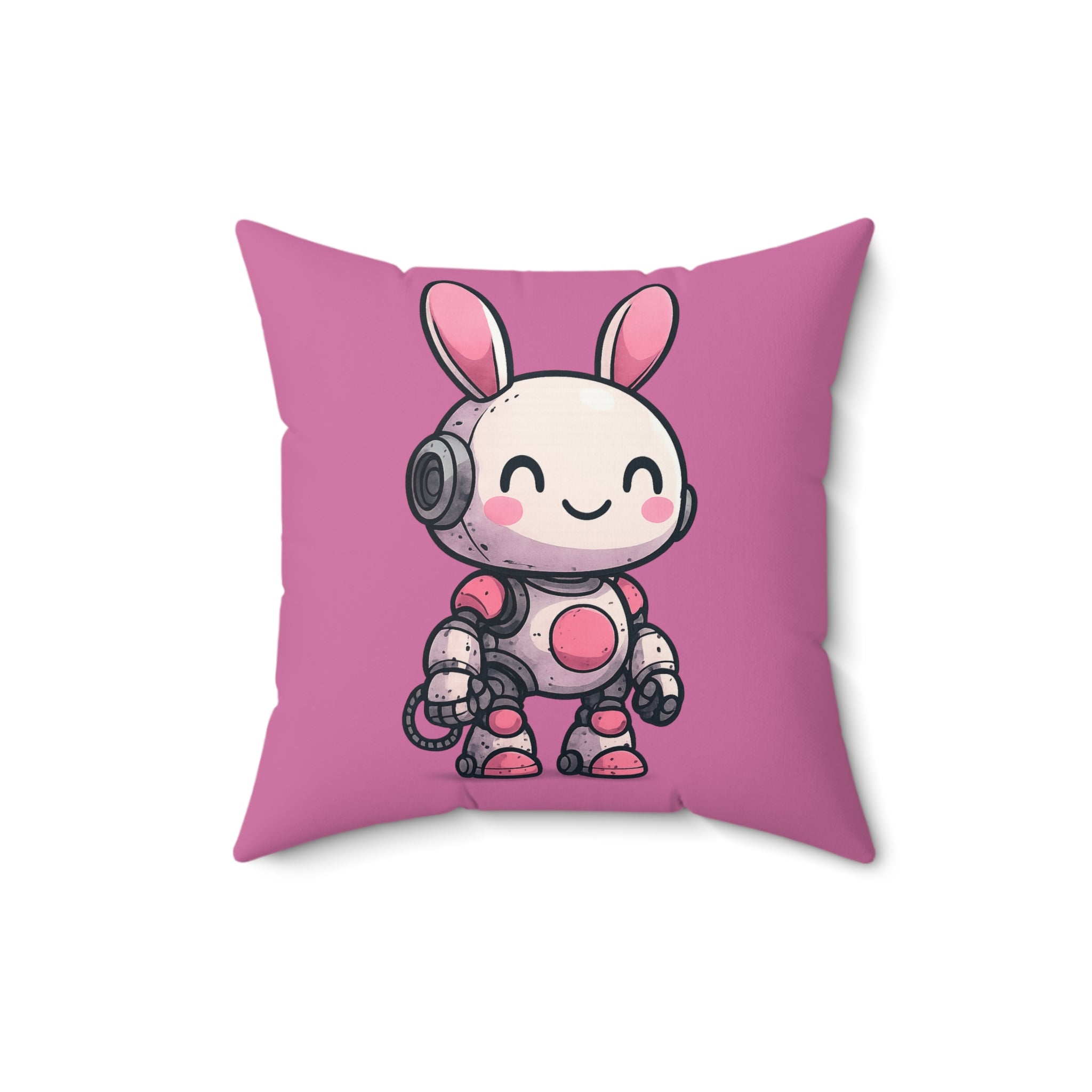 Happy Pink Robot Pillow – Whimsical Robot Bunny Square Throw Pillow