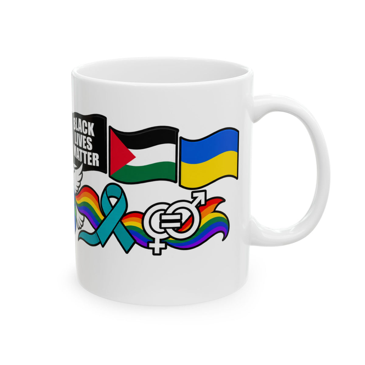 A white ceramic mug featuring a graphic design with the text 'BLACK LIVES MATTER' next to the Palestinian and Ukrainian flags, overlaid with a teal and rainbow awareness ribbon and an equality symbol.