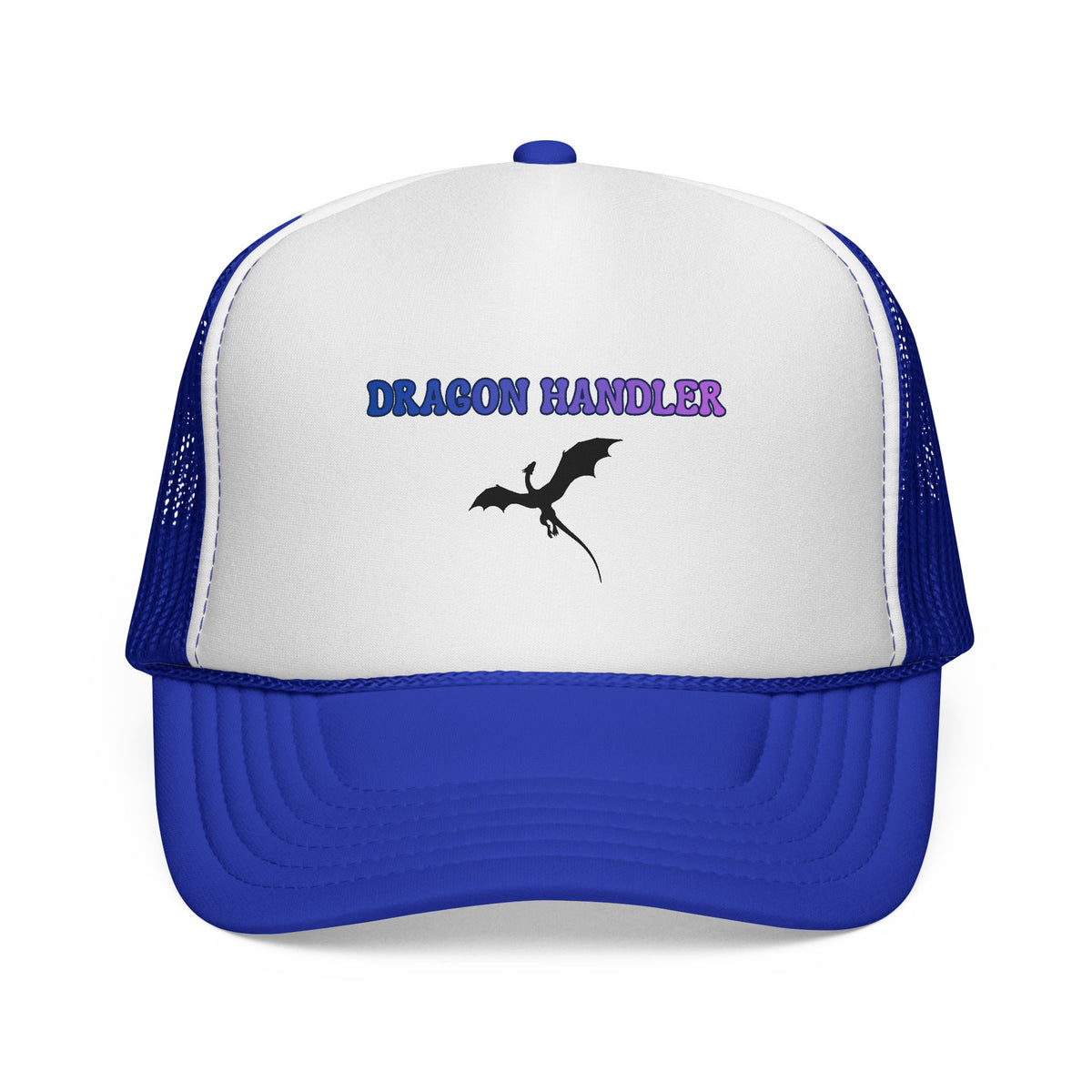 Dragon Handler trucker cap with dragon silhouette in royal blue and white, front view