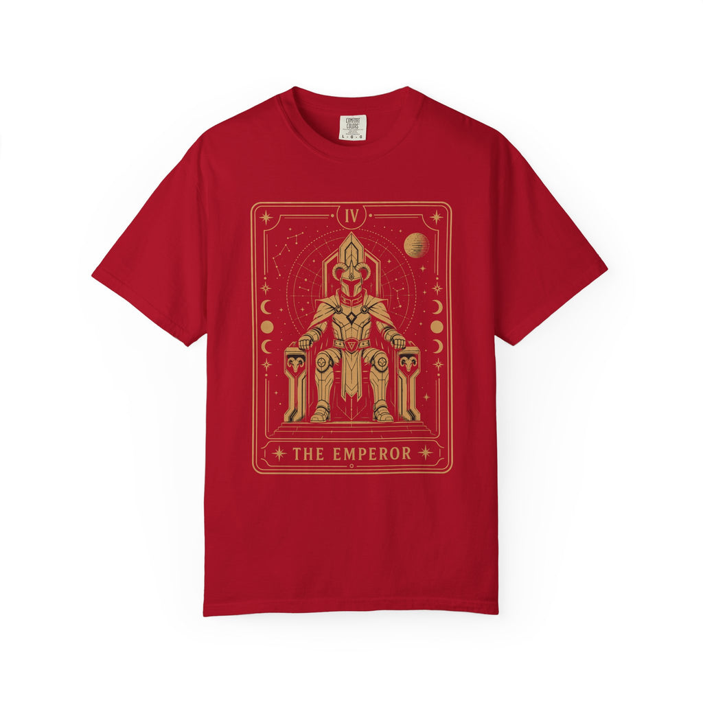 A red t-shirt featuring The Emperor from the Future Arcana collection, inspired by The Emperor tarot card. A regal futuristic ruler sits upon a cosmic throne surrounded by celestial Art Deco details in elegant gold line art on a transparent background.