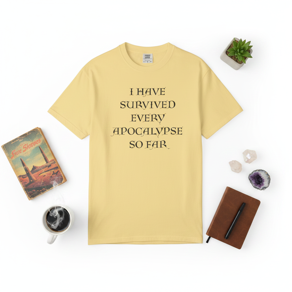 A pale yellow short-sleeve t-shirt with black text on the front reading 'I HAVE SURVIVED EVERY APOCALYPSE SO FAR.' on a plain white background.