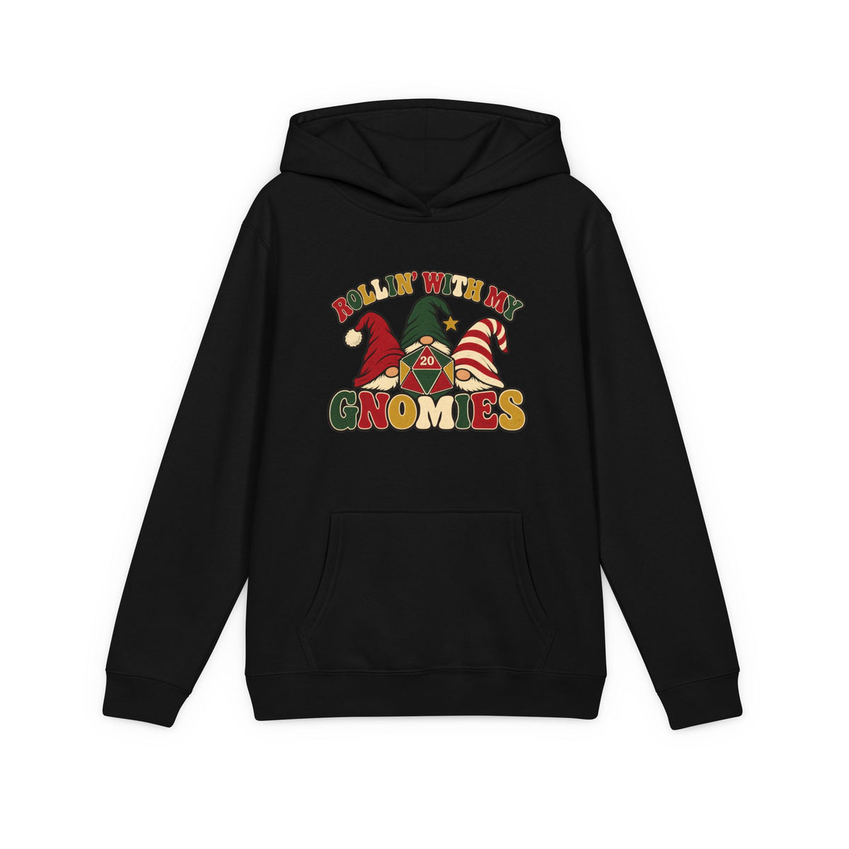 A black pullover hoodie with a colorful graphic on the chest that reads 'ROLLIN' WITH MY GNOMIES' and features cartoon gnomes wearing red, green, and striped hats, shown on a plain white background.