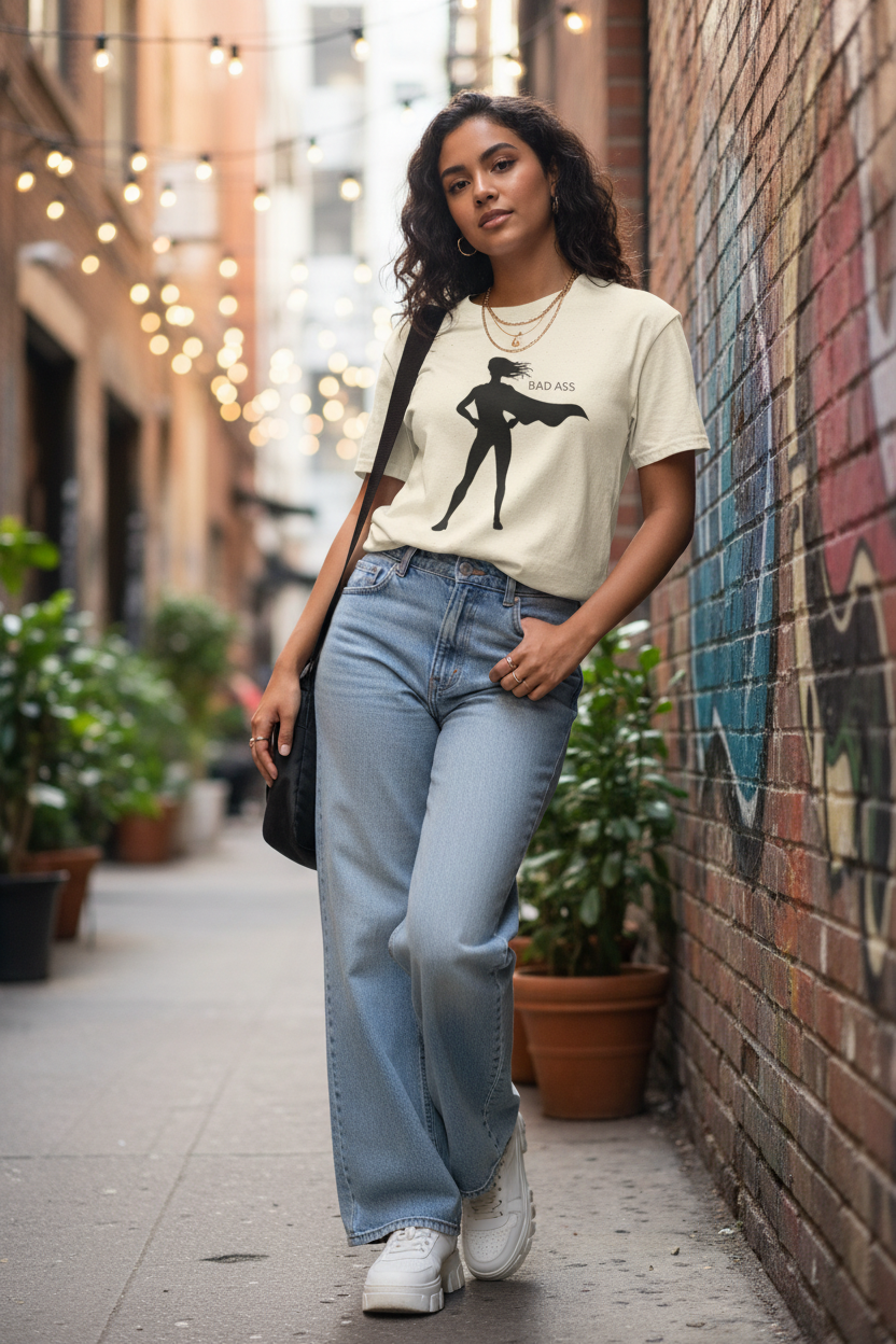 Bad Ass Superhero Silhouette women's tee, on-model front view