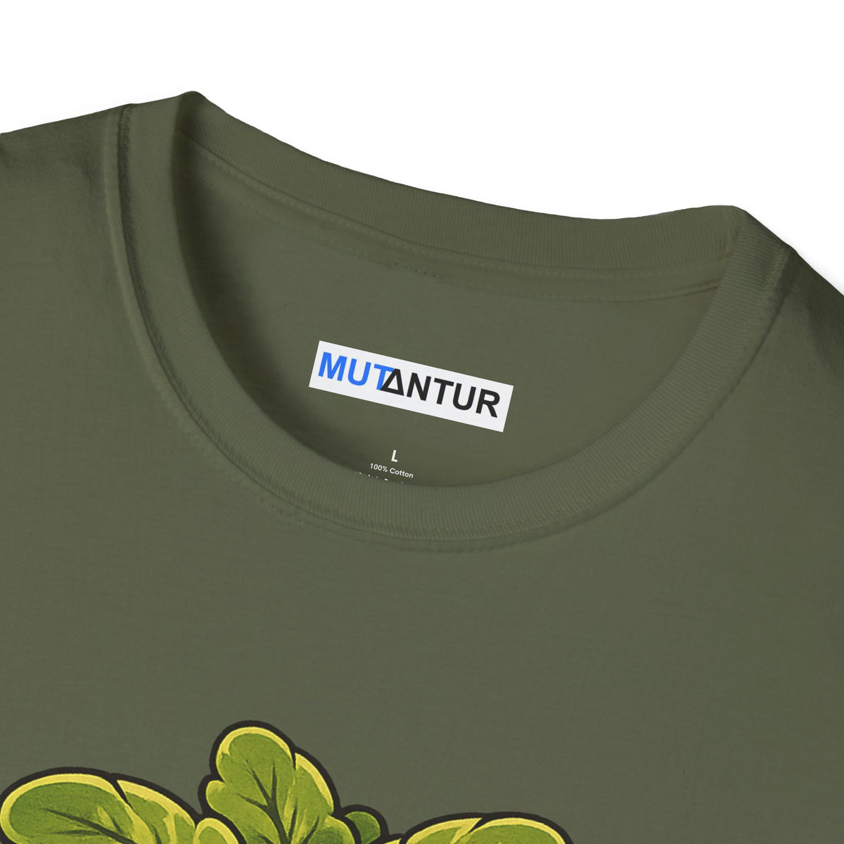 Grumpy Turnip Farm Goblin graphic tee in olive green, close-up of neckline and design detail