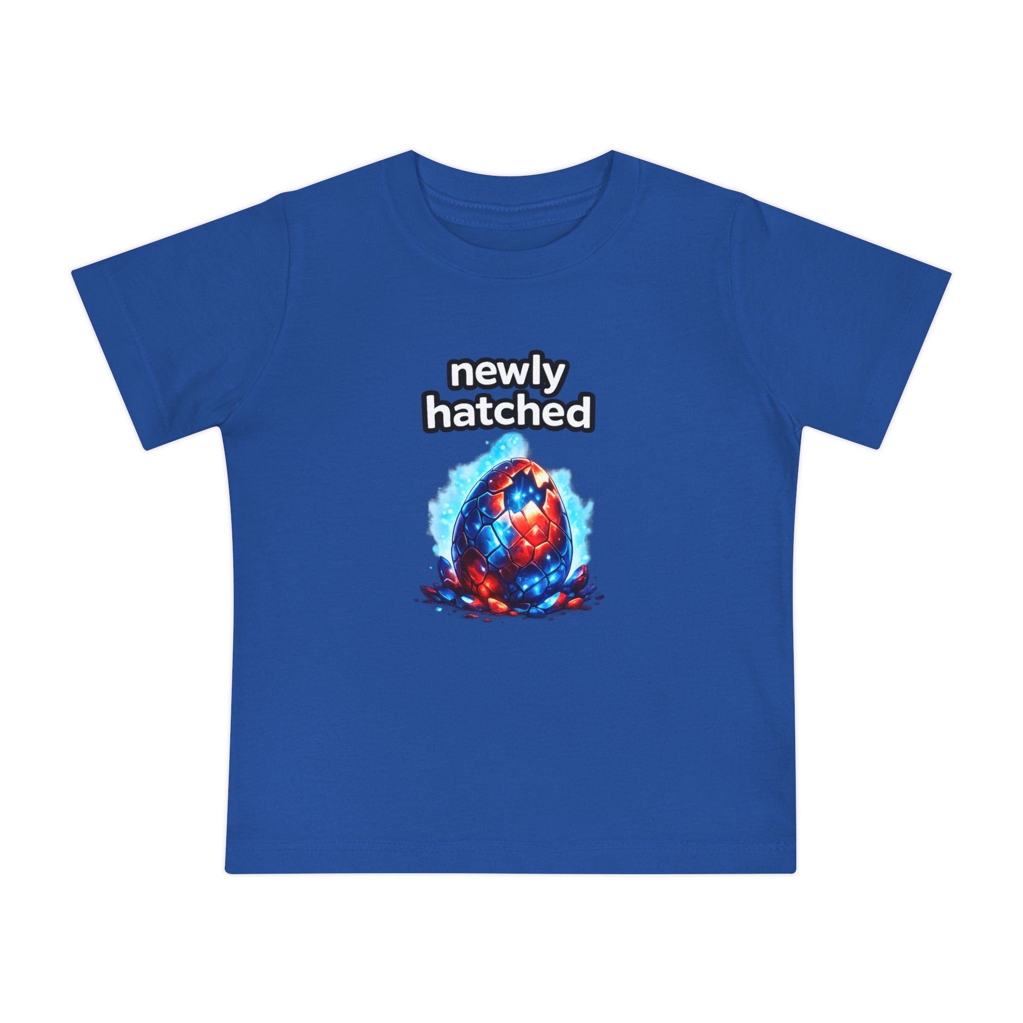 Blue t-shirt with 'newly hatched' graphic and text on a white background