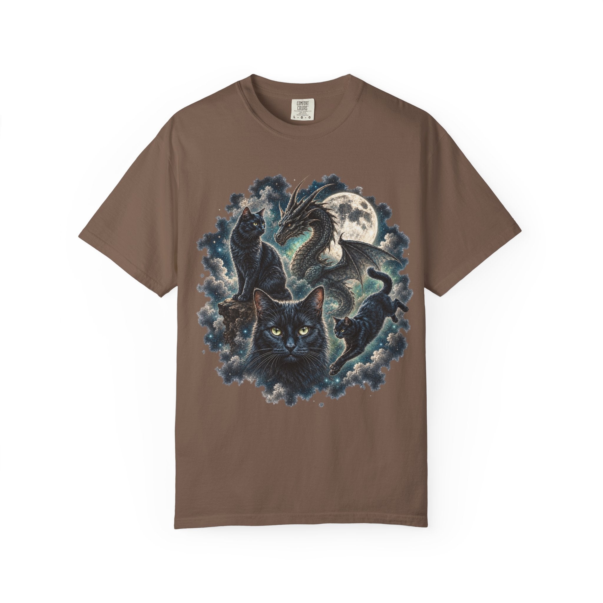 A brown short-sleeve crewneck t-shirt featuring a detailed graphic print of black cats and a dragon amidst a full moon and clouds on the front.