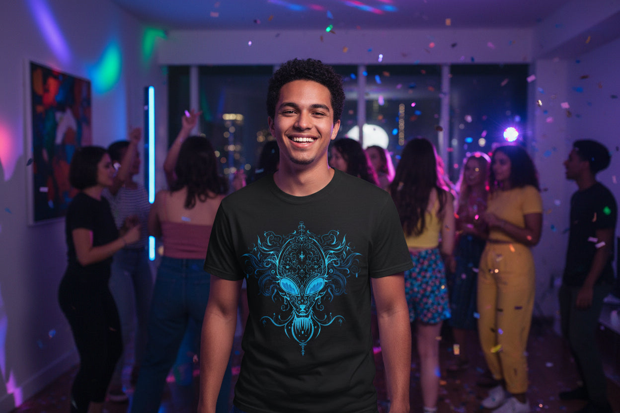 Ornate Blue Alien Mask T-Shirt | Chinoiserie Mystical Graphic Tee - Mutantur Labs LLC