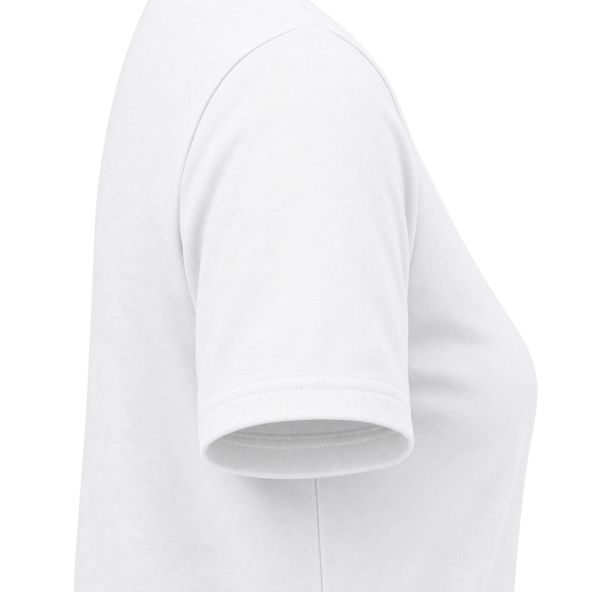 Close-up side view of a plain white short-sleeve crew-neck t-shirt on a white background.