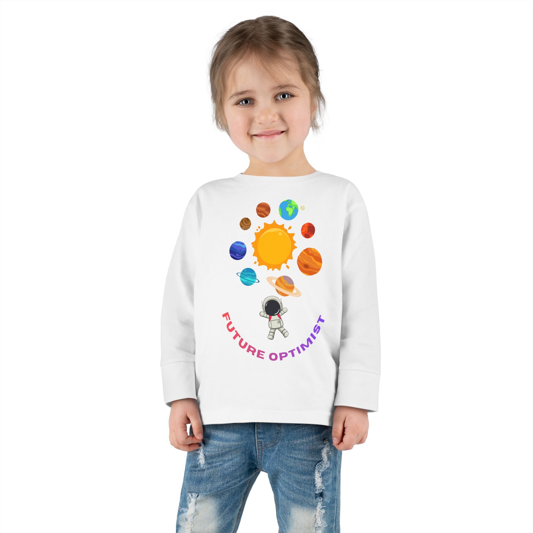 Future Optimist Astronaut toddler long sleeve tee | Solar System planets design - Mutantur Labs LLC