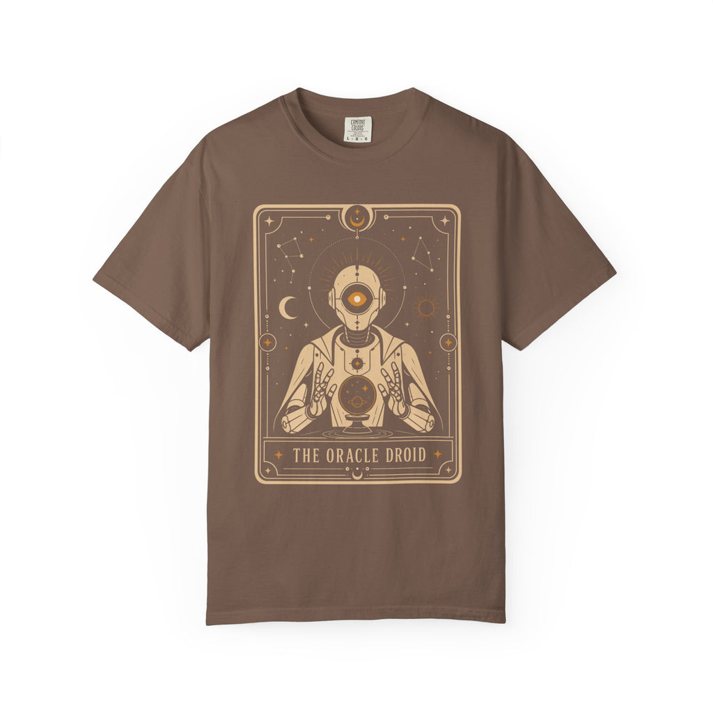 Oracle Droid Tarot T‑Shirt — Retro Sci‑Fi Tarot Robot Graphic Comfort Colors Tee - Mutantur Labs LLC