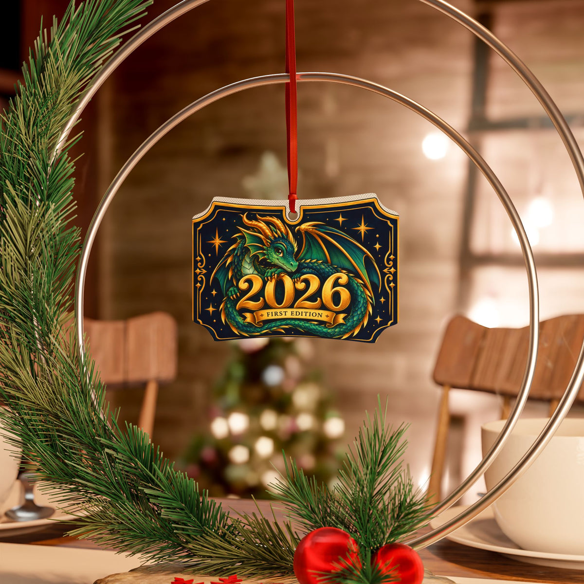 A decorative hanging ornament shaped like a ticket features a green dragon and the year 2026, suspended by a red ribbon in a festive holiday setting with pine branches and blurred chairs in the background.