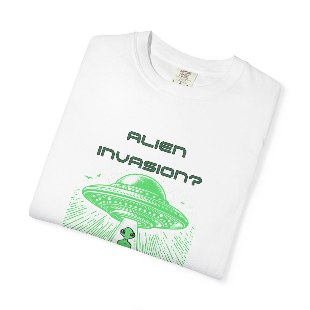Alien Invasion Finally New Management UFO graphic tee in white, folded flat lay