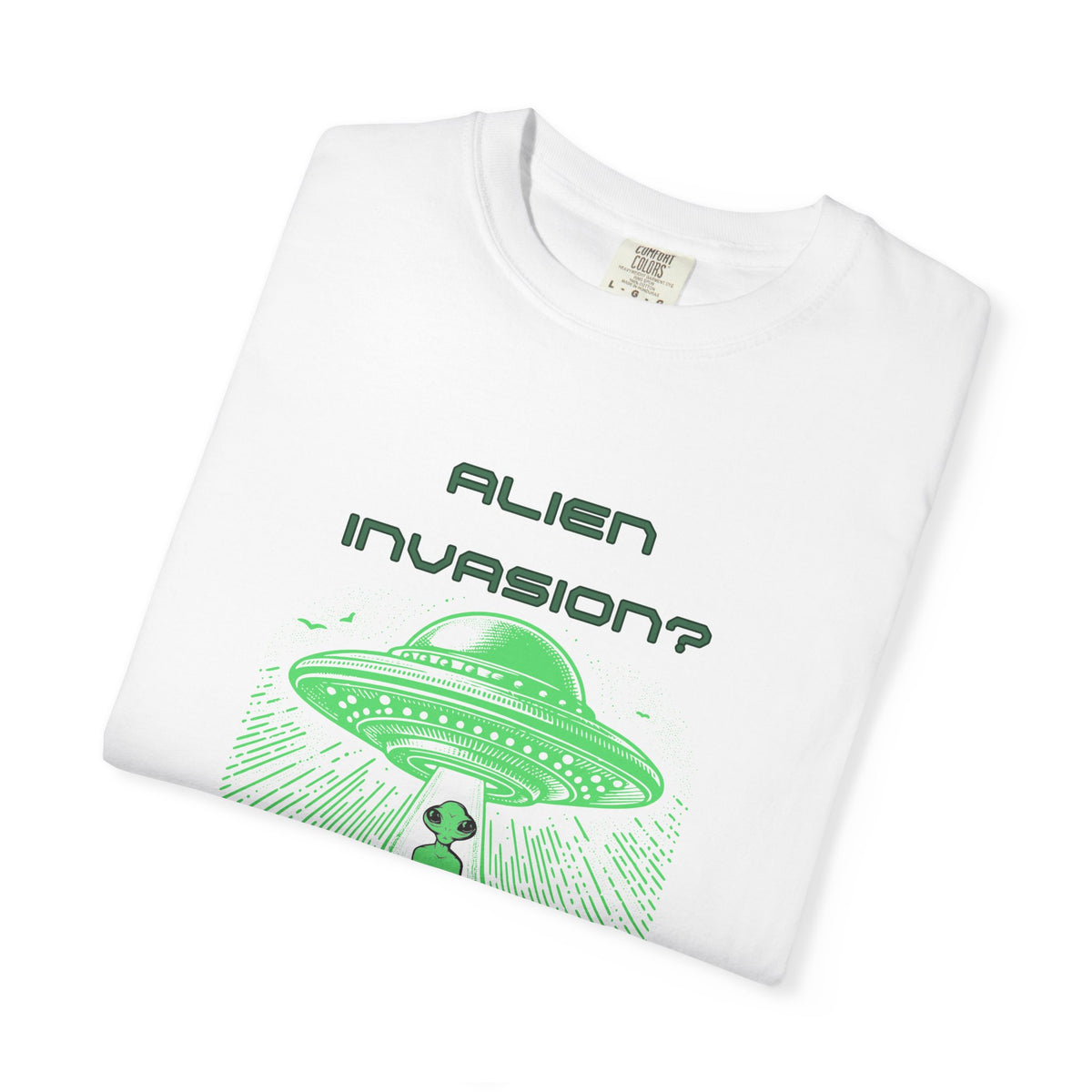 Alien Invasion Finally New Management UFO graphic tee in white, folded flat lay