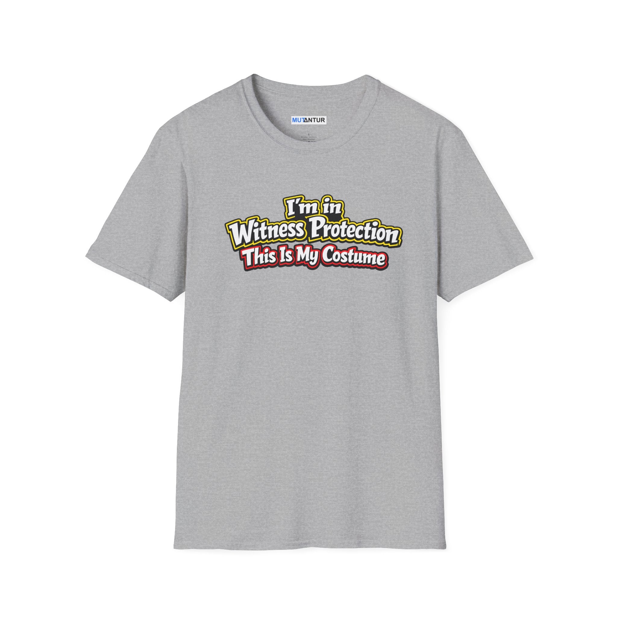 Gray short-sleeve crewneck t-shirt featuring a graphic on the chest that reads 'I'm in Witness Protection This Is My Costume' in a stylized, vintage font with green, yellow, and red accents