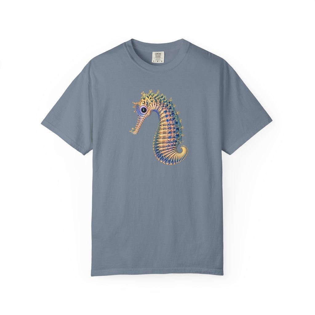 A slate blue crewneck t-shirt featuring a colorful graphic of a seahorse on the center chest, displayed against a solid white background.