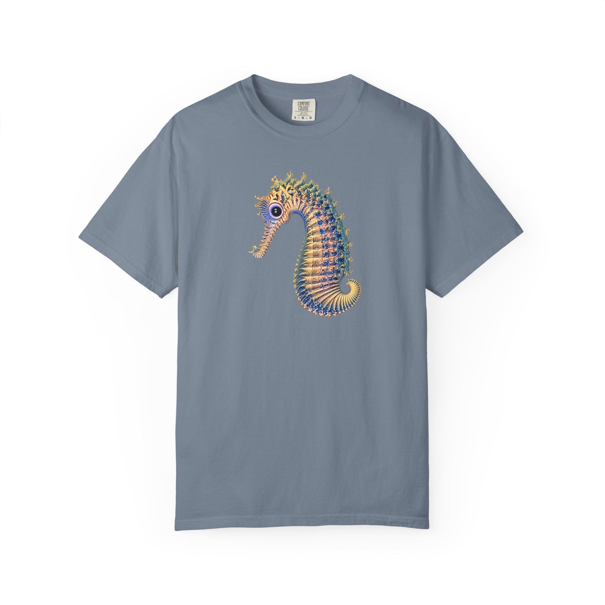 A slate blue crewneck t-shirt featuring a colorful graphic of a seahorse on the center chest, displayed against a solid white background.