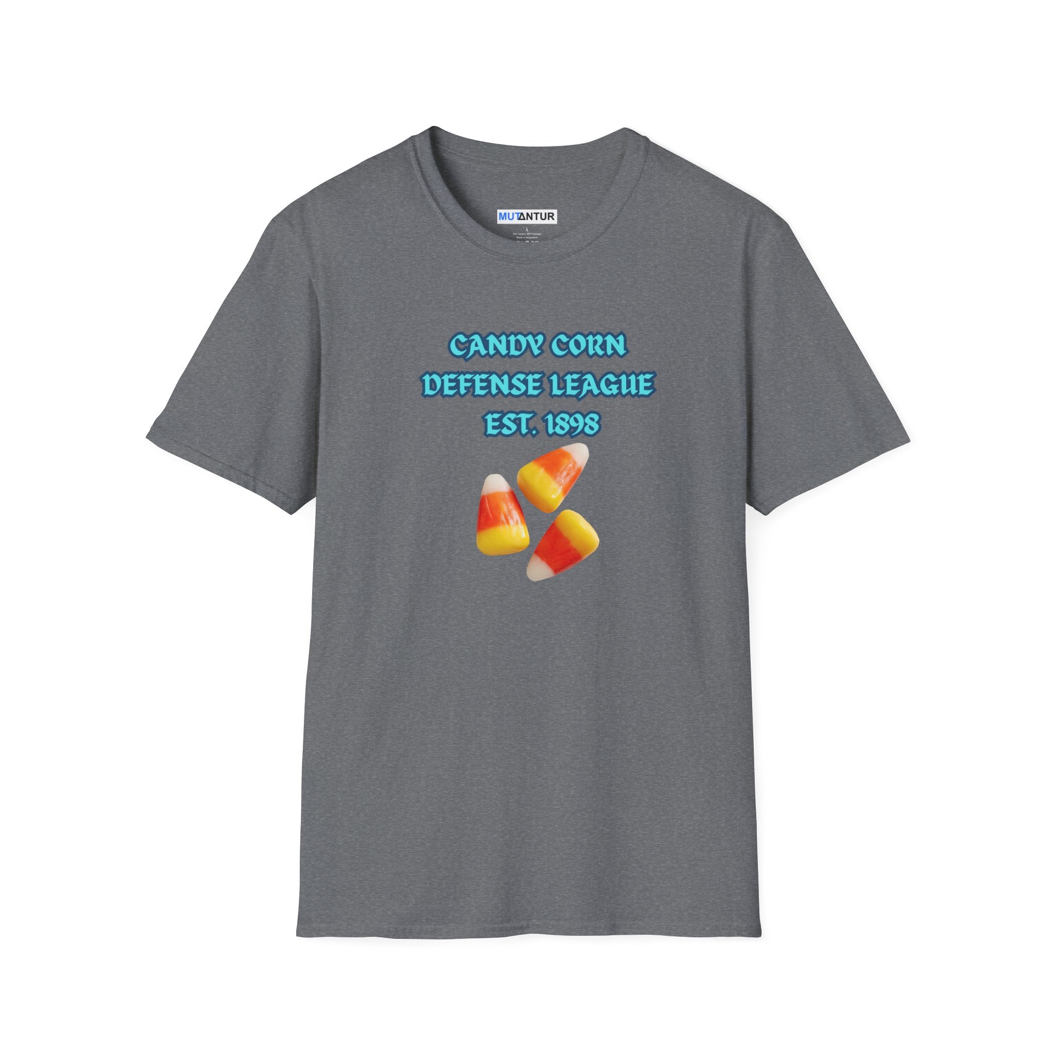 A dark gray short sleeved t-shirt featuring a graphic design on the chest that reads 'CANDY CORN DEFENSE LEAGUE EST. 1998' in light blue text, accompanied by three illustrations of candy corn.