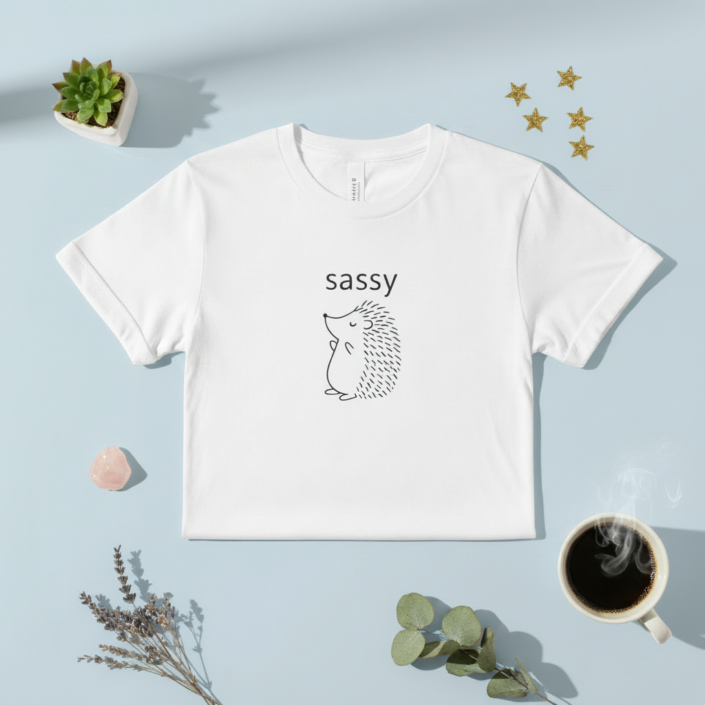 Sassy hedgehog minimal cute graphic tee, front view