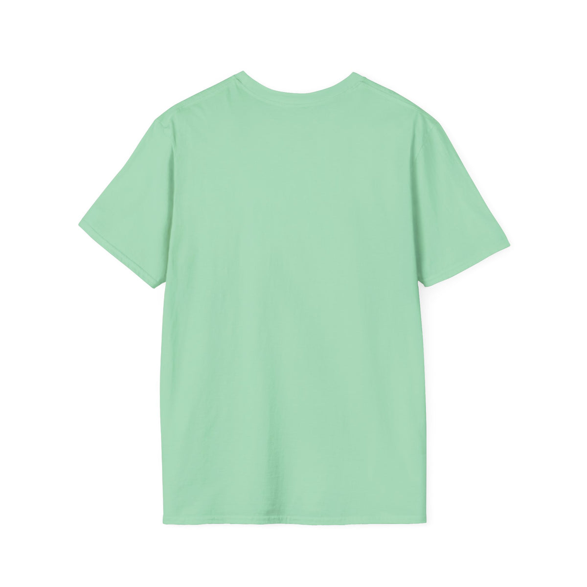 back of a mint green shirt shown from the back, laid flat against a solid white background