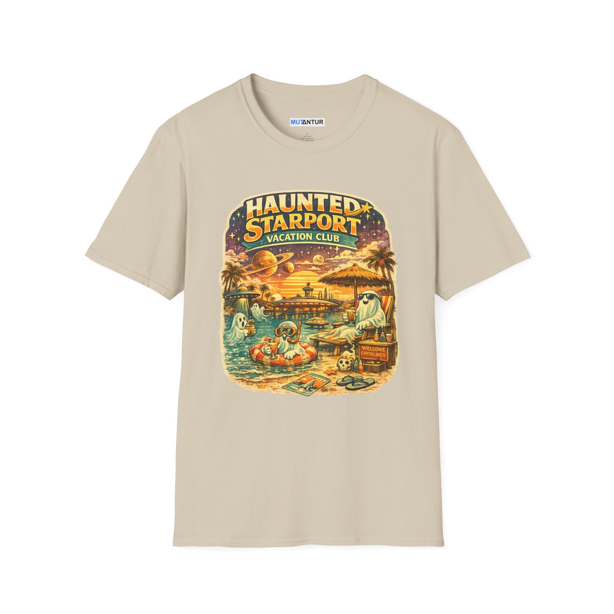 Haunted Starport Vacation Club T-Shirt – Funny Retro Sci-Fi Summerween Tee - Mutantur Labs LLC