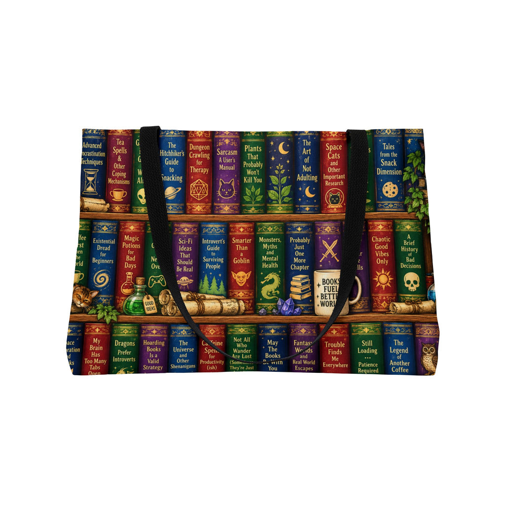 A tote bag featuring a detailed print of three rows of colorful, vintage-style wizarding books on a shelf, 