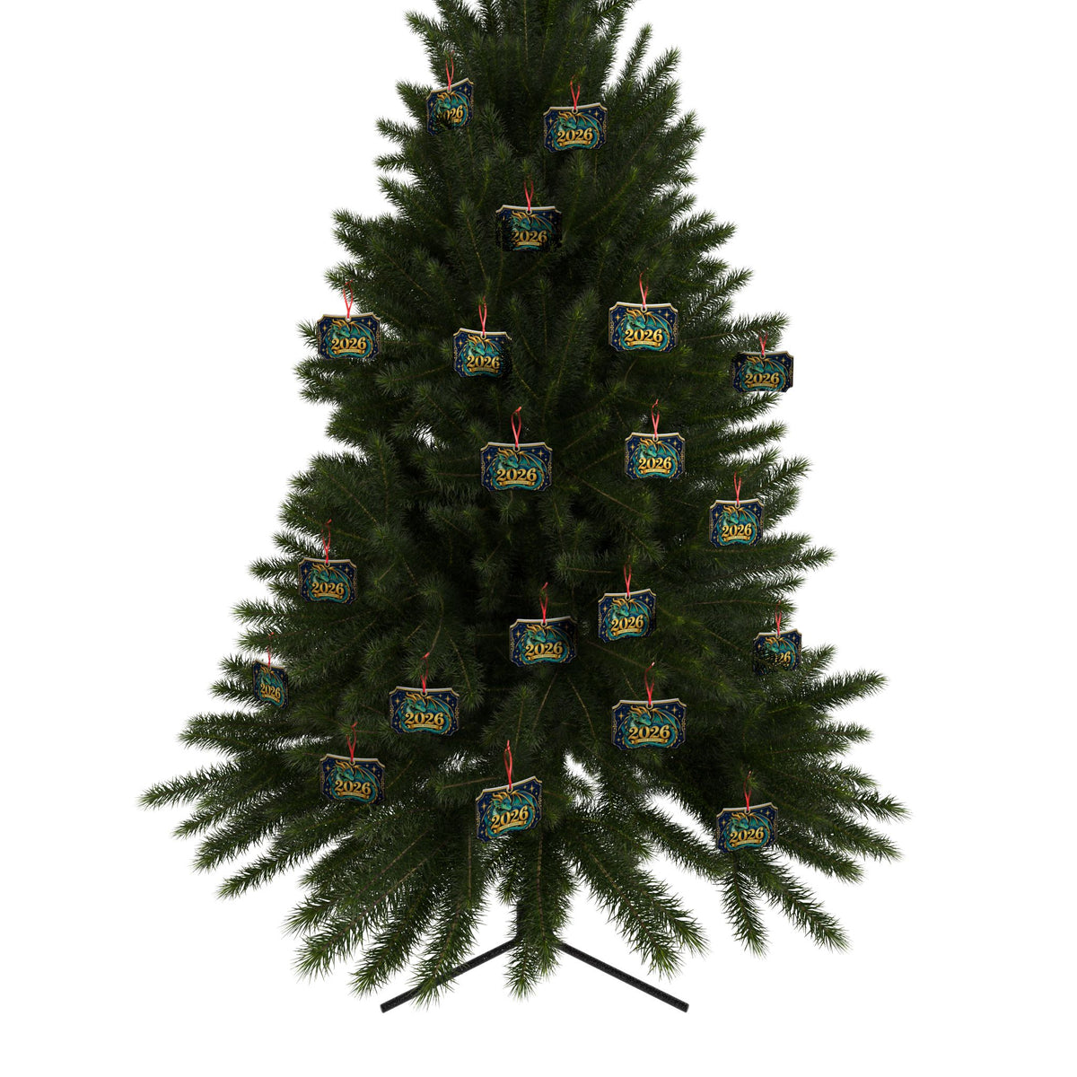A dark green artificial Christmas tree with a black metal stand, decorated with multiple small blue and gold square ornaments hanging from red strings against a plain white background.