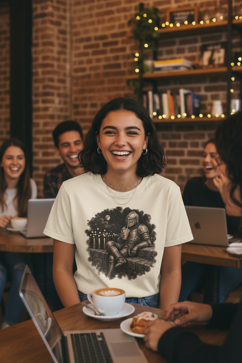 An off-white short-sleeve crewneck t-shirt featuring a circular graphic print of a knight in armor sitting on a stone wall under a full moon, with candles on the left.