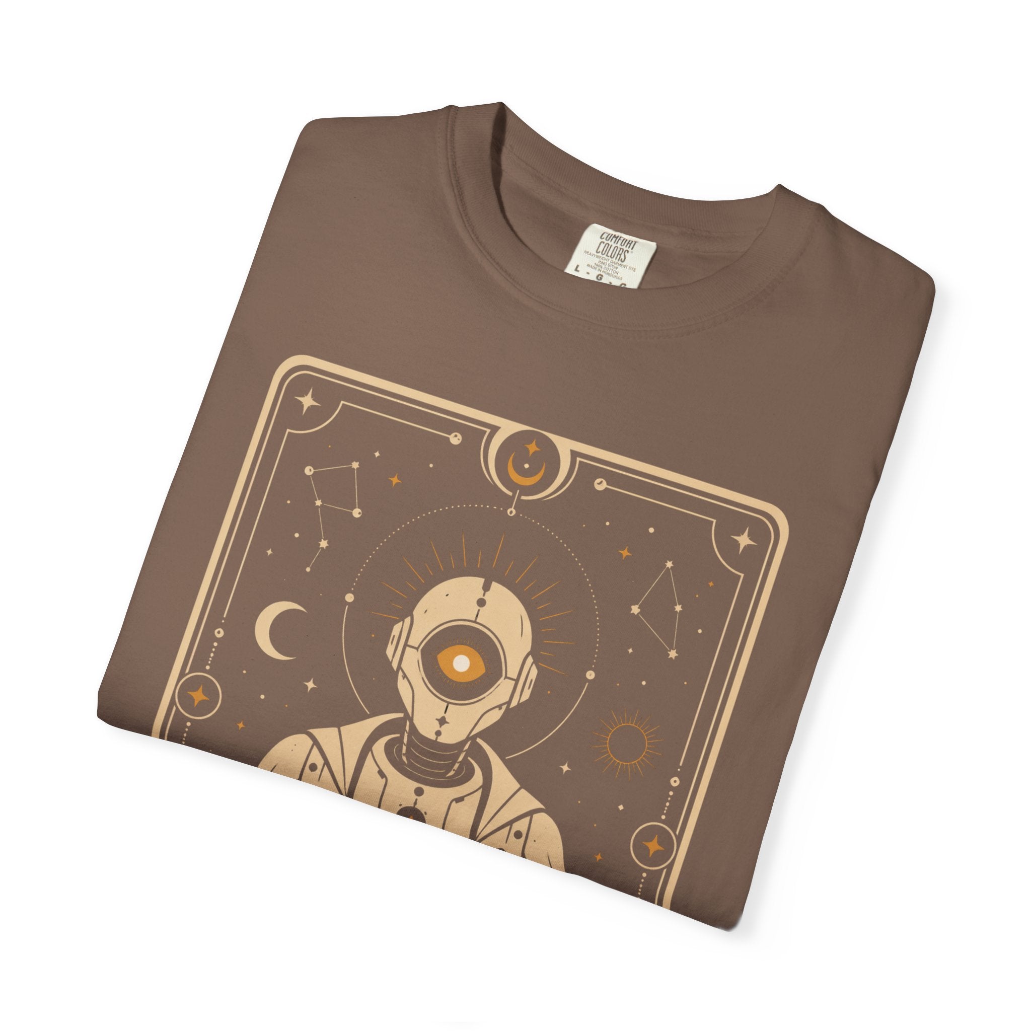 Oracle Droid Tarot T‑Shirt — Retro Sci‑Fi Tarot Robot Graphic Comfort Colors Tee - Mutantur Labs LLC