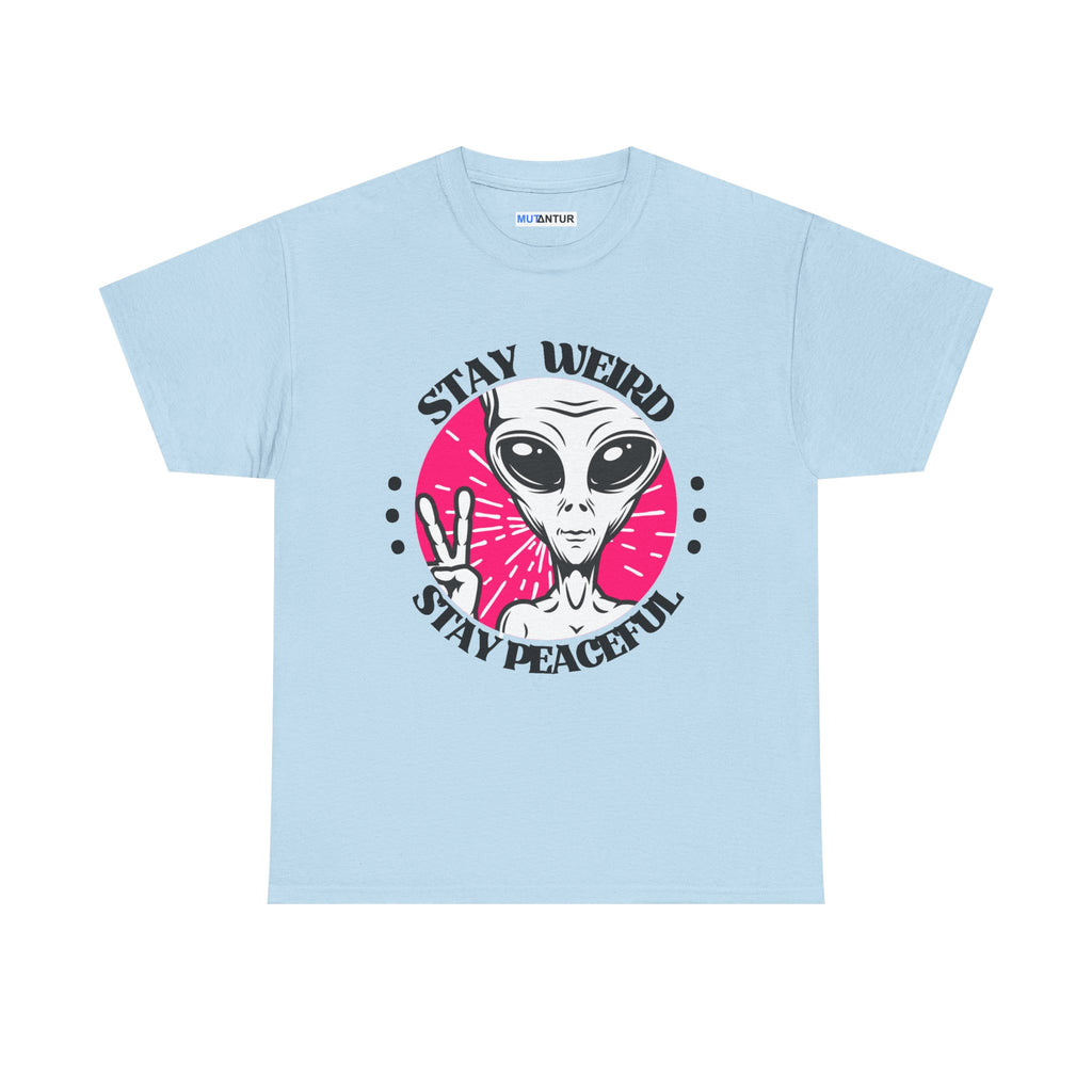 Stay Weird Stay Peaceful galaxy alien graphic tee in light blue, front view