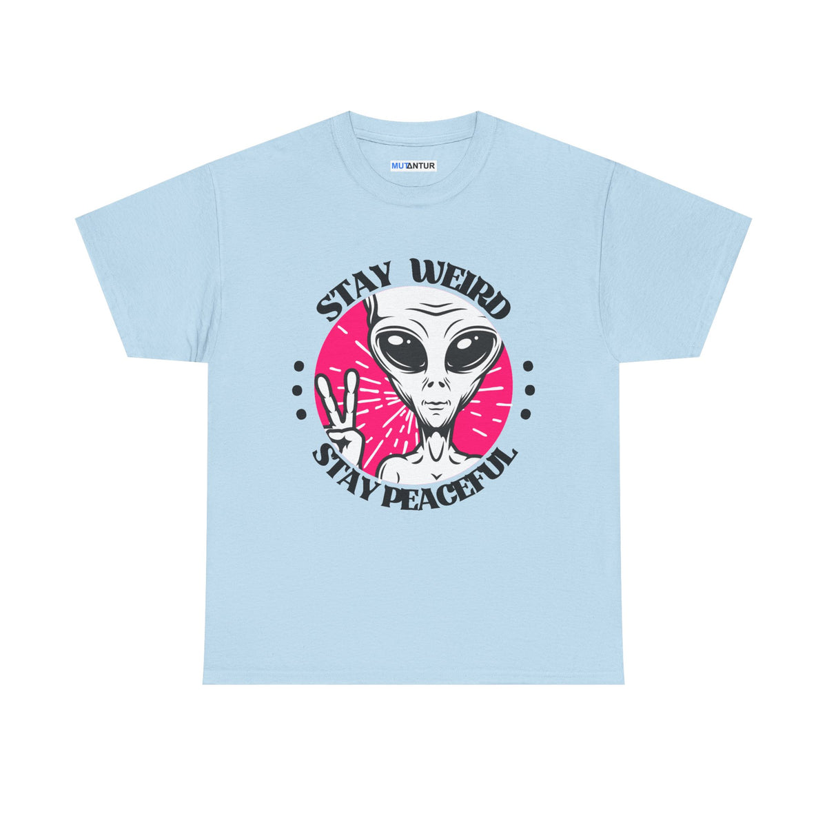 Stay Weird Stay Peaceful galaxy alien graphic tee in light blue, front view