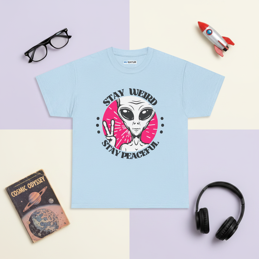 Stay Weird Stay Peaceful galaxy alien graphic tee in light blue, folded flat lay styled with glasses, a toy rocket, and a book