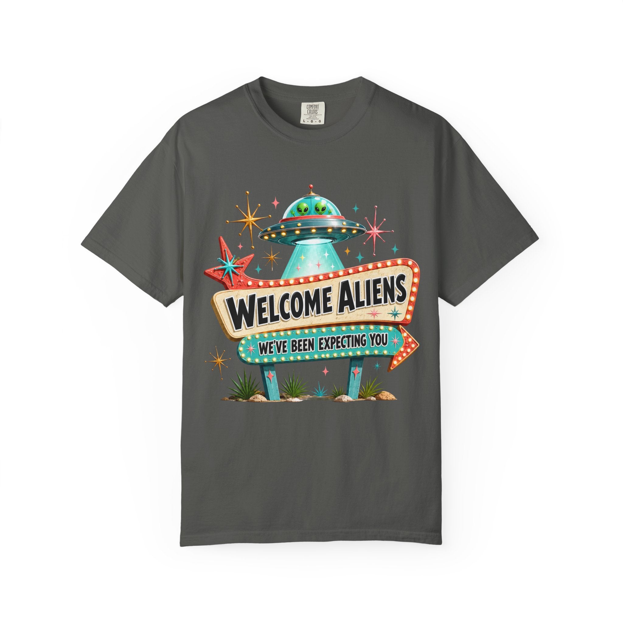 Welcome Aliens retro UFO Las Vegas sign Comfort Colors graphic tee, side view