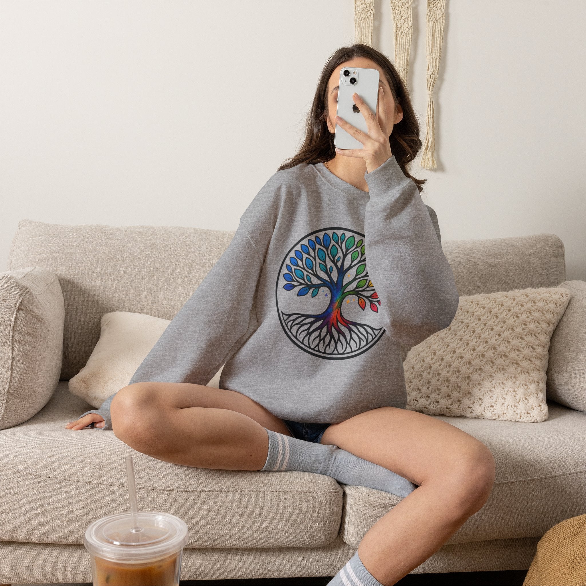 Rainbow Tree of Life graphic crewneck sweatshirt, back view