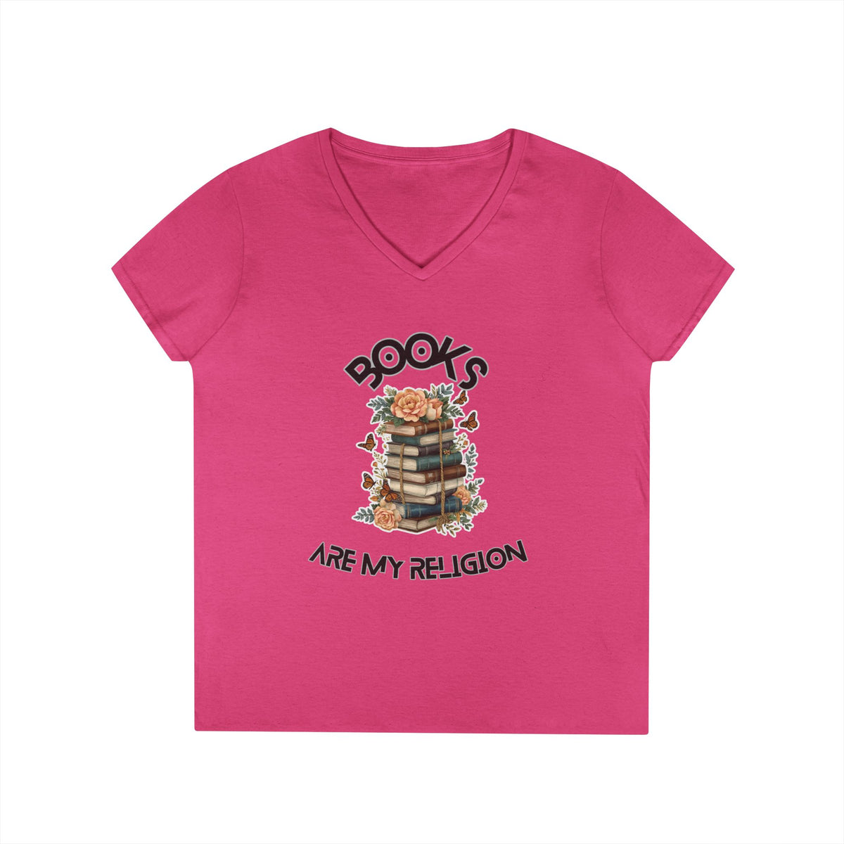 Books Are My Religion floral book stack graphic v-neck tee in pink, front view