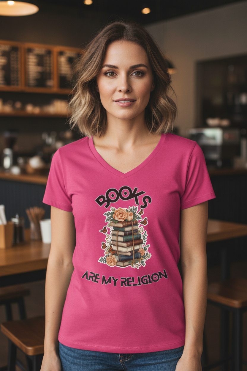 Books Are My Religion floral book stack graphic v-neck tee in pink, styled photo of a woman wearing it in a cafe