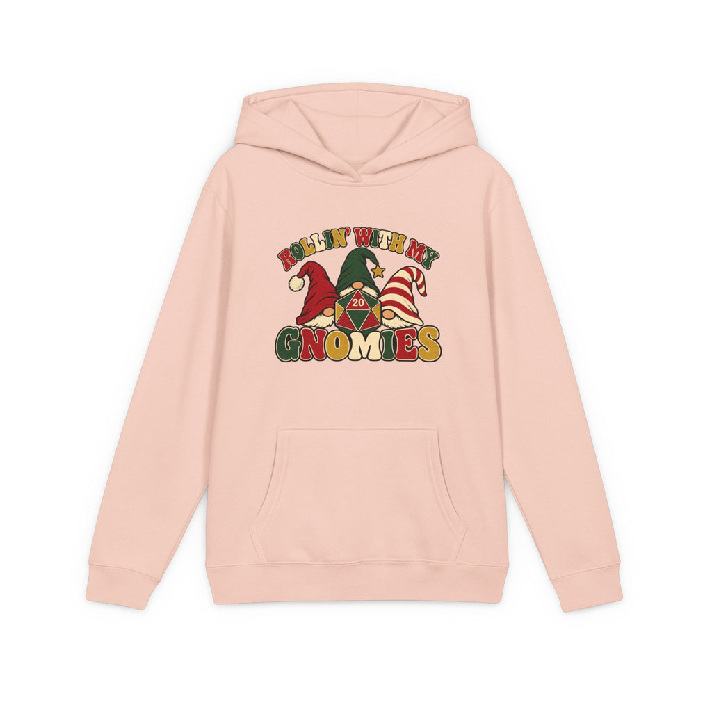 A light pink pullover hoodie with a colorful graphic on the chest that reads 'ROLLIN' WITH MY GNOMIES' and features cartoon gnomes wearing red, green, and striped hats, shown on a plain white background.