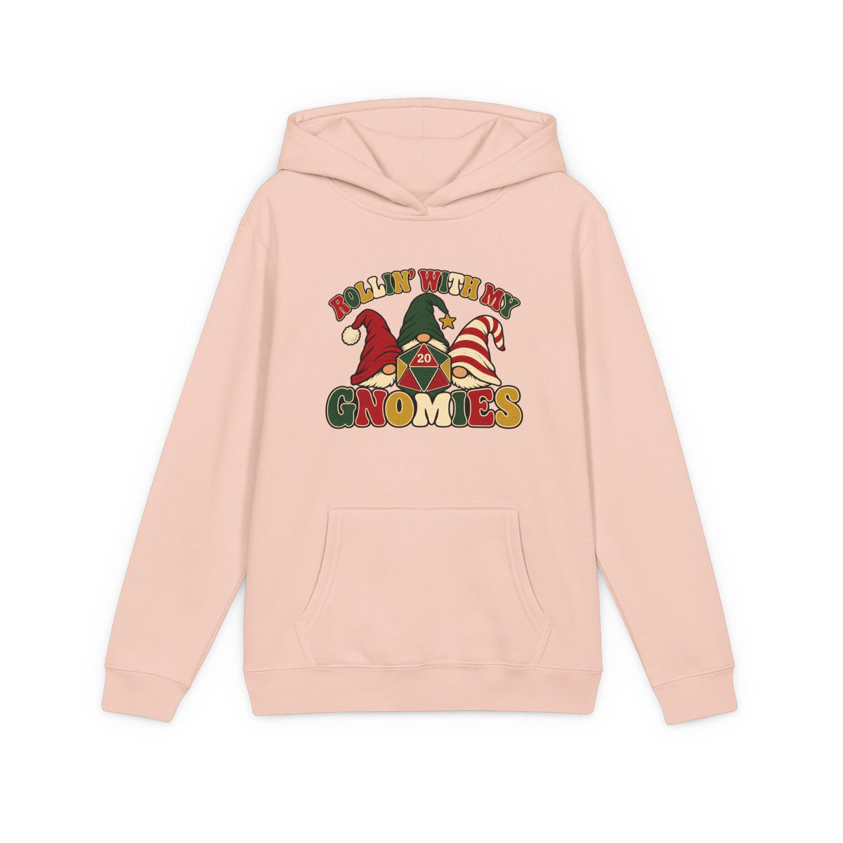 A light pink pullover hoodie with a colorful graphic on the chest that reads 'ROLLIN' WITH MY GNOMIES' and features cartoon gnomes wearing red, green, and striped hats, shown on a plain white background.