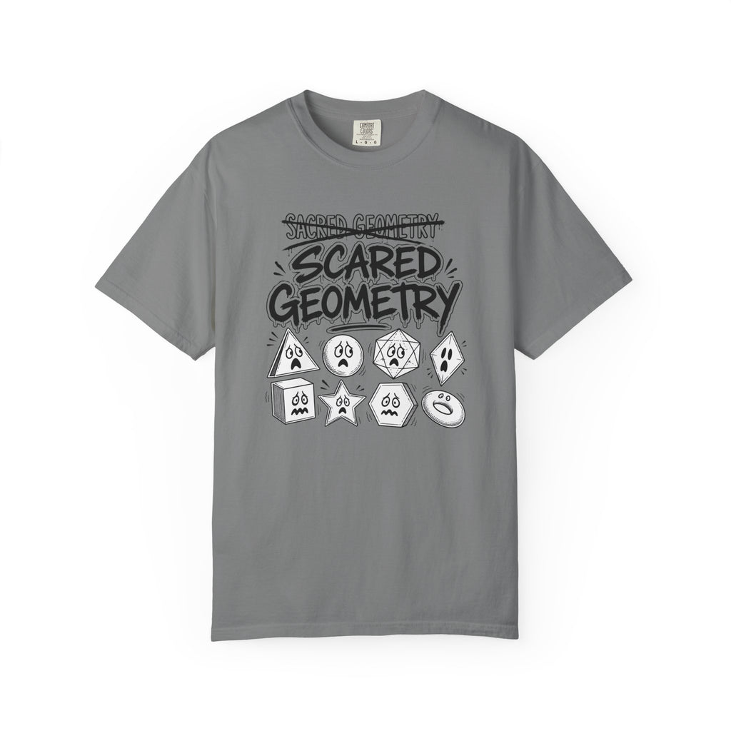 A gray short-sleeve crewneck t-shirt featuring a black and white graphic print on the front that reads 'SCARED GEOMETRY' above cartoonish geometric shapes, displayed against a plain white background.
