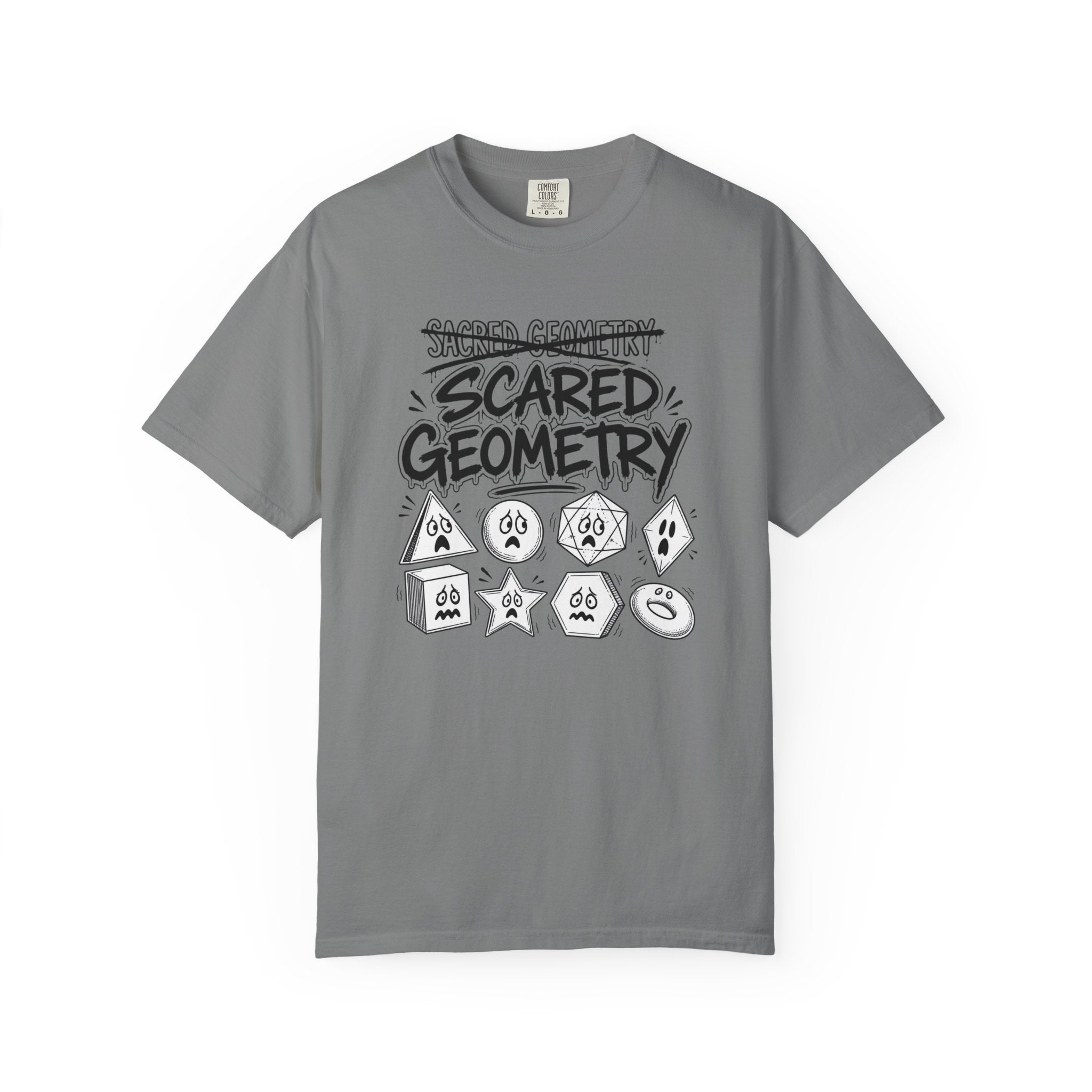 A gray short-sleeve crewneck t-shirt featuring a black and white graphic print on the front that reads 'SCARED GEOMETRY' above cartoonish geometric shapes, displayed against a plain white background.
