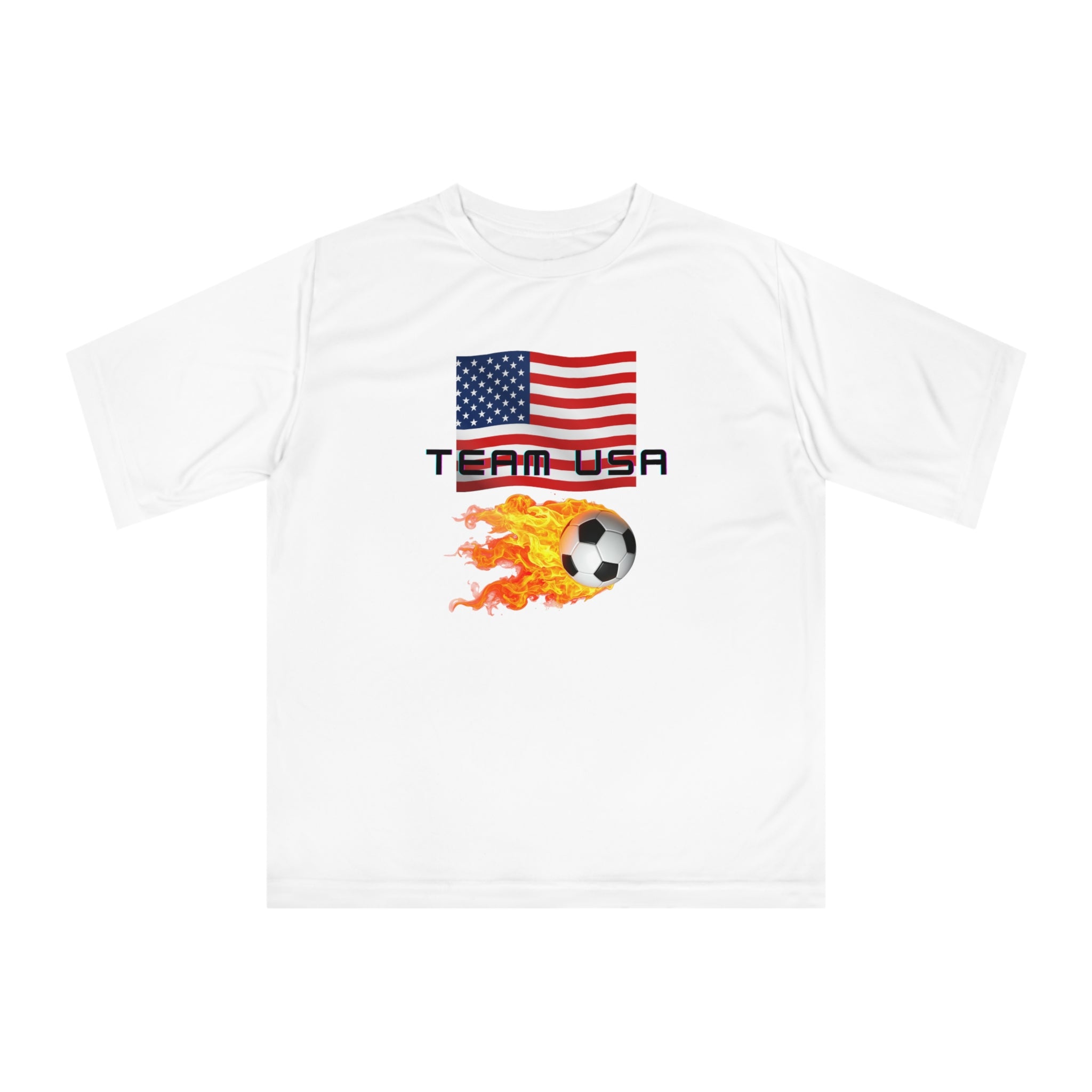 Team USA Flaming Soccer Ball T-Shirt — American Flag Soccer Tee with SPF protection - Mutantur Labs LLC