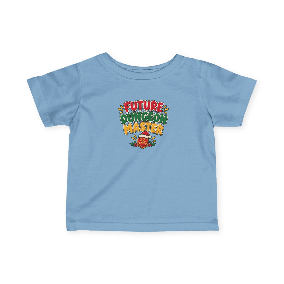 A light blue toddler short-sleeve t-shirt with a colorful graphic on the chest that reads 'FUTURE DUNGEON MASTER' in red, green, and yellow text, featuring a small cartoon character wearing a Santa hat.