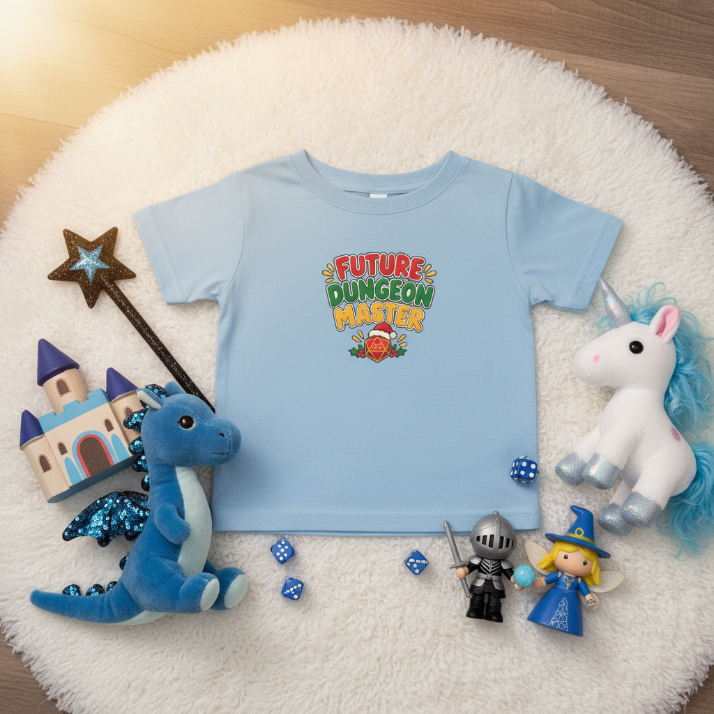 A light blue kids' t-shirt with a 'Future Dungeon Master' graphic, styled in a flat-lay on a white faux fur rug with fantasy-themed toys including a plush dragon, unicorn, knight, and wizard.