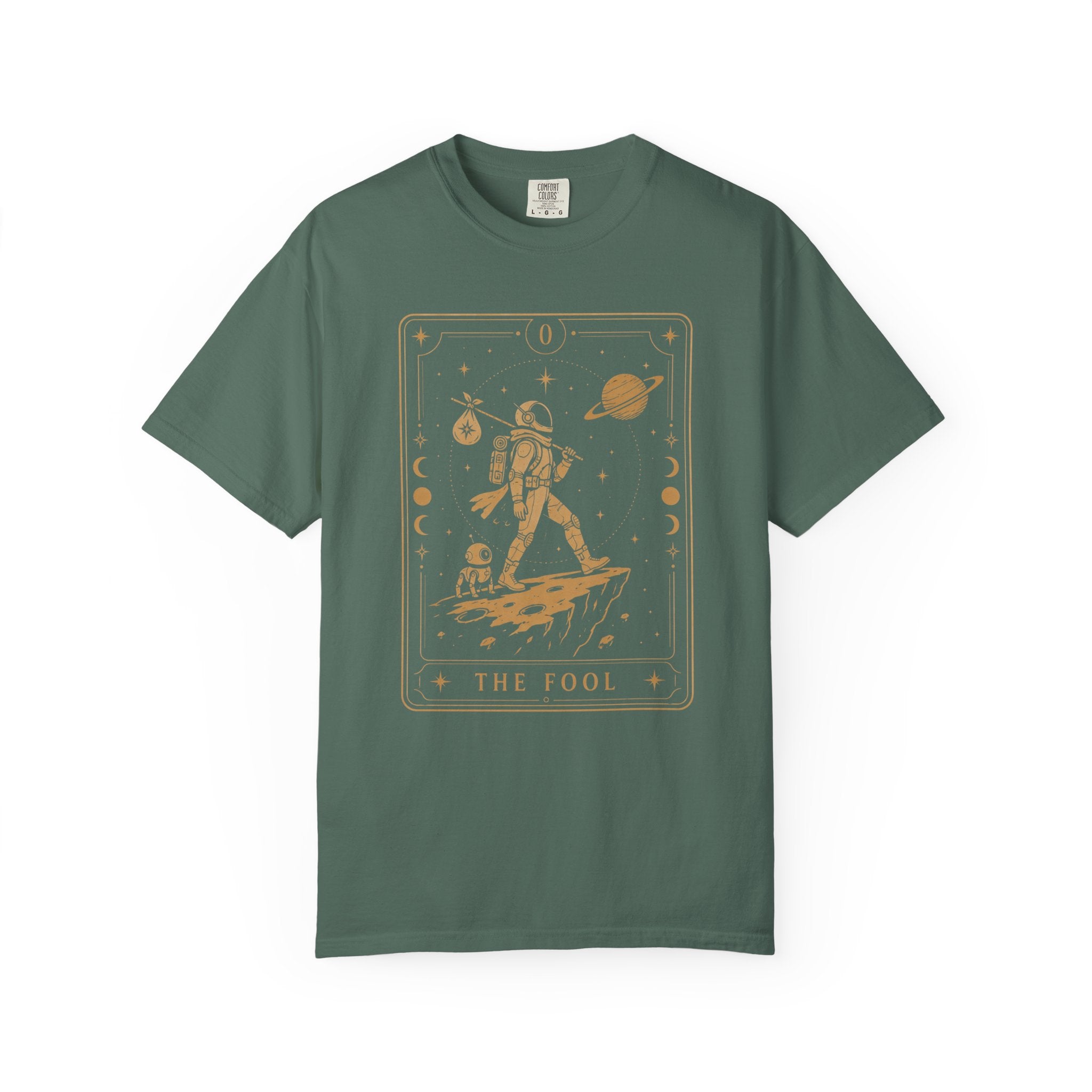 Blue Spruce t-shirt with geometric pattern on a white background