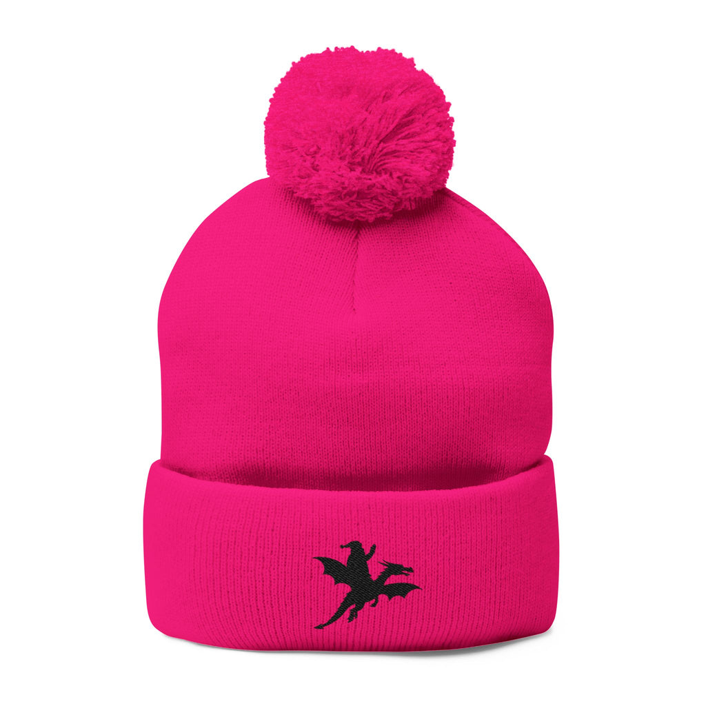 Santa on a Dragon Embroidered Pom-Pom Beanie | Knit Cap - Mutantur Labs LLC