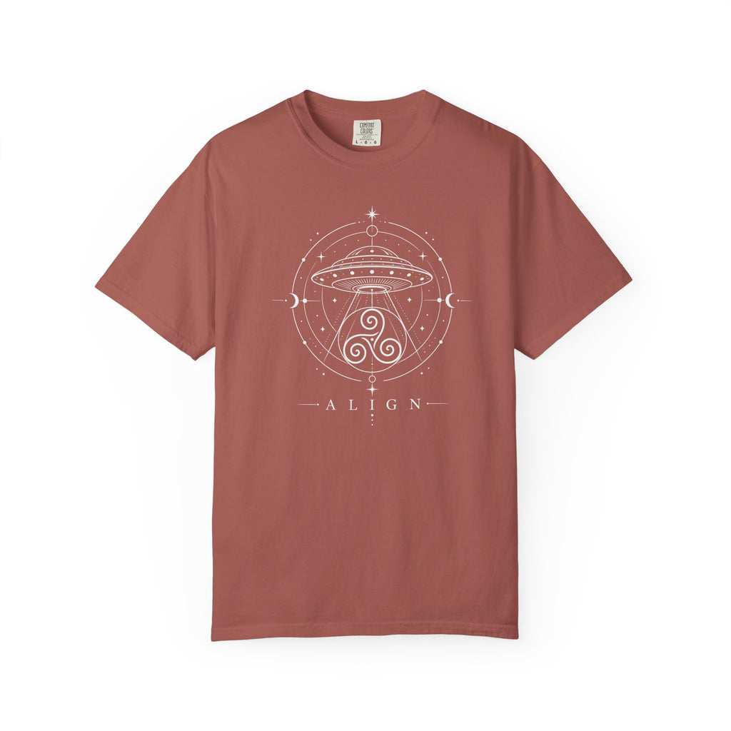 A red t-shirt with a white line design of a flying saucer with an Irisk triskele below and the words ' ALIGN' against a white background