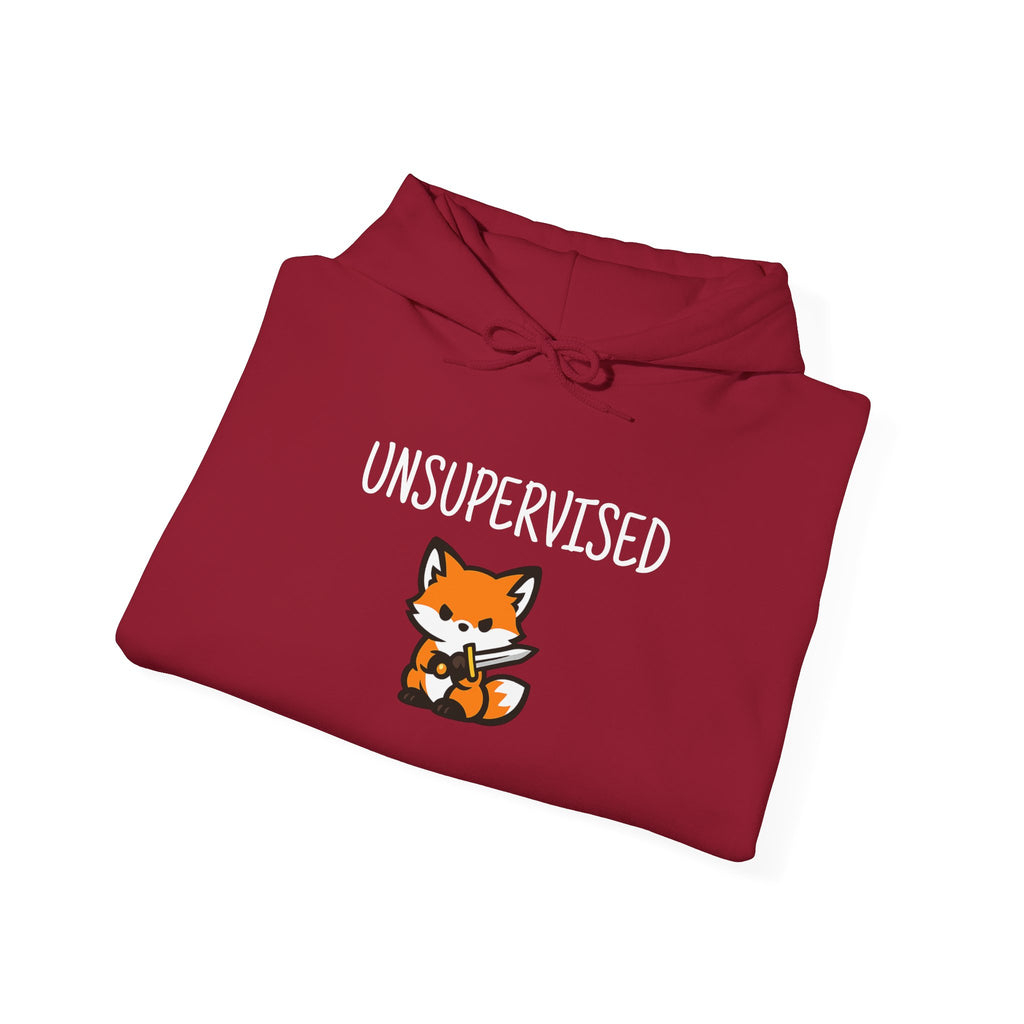 Unsupervised Fox with sword hoodie graphic, side view