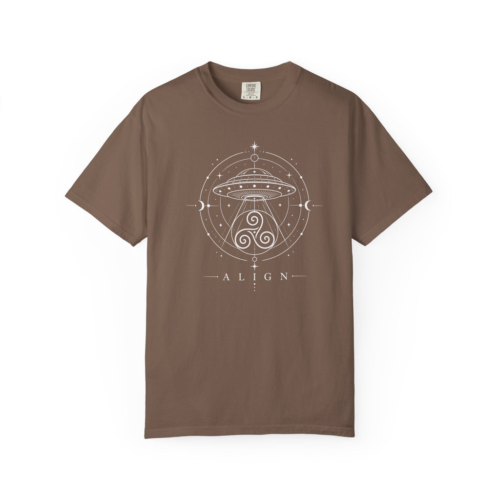 Brown t-shirt with a black line design of a flying saucer with an Irisk triskele below and the words ' ALIGN' against a white background