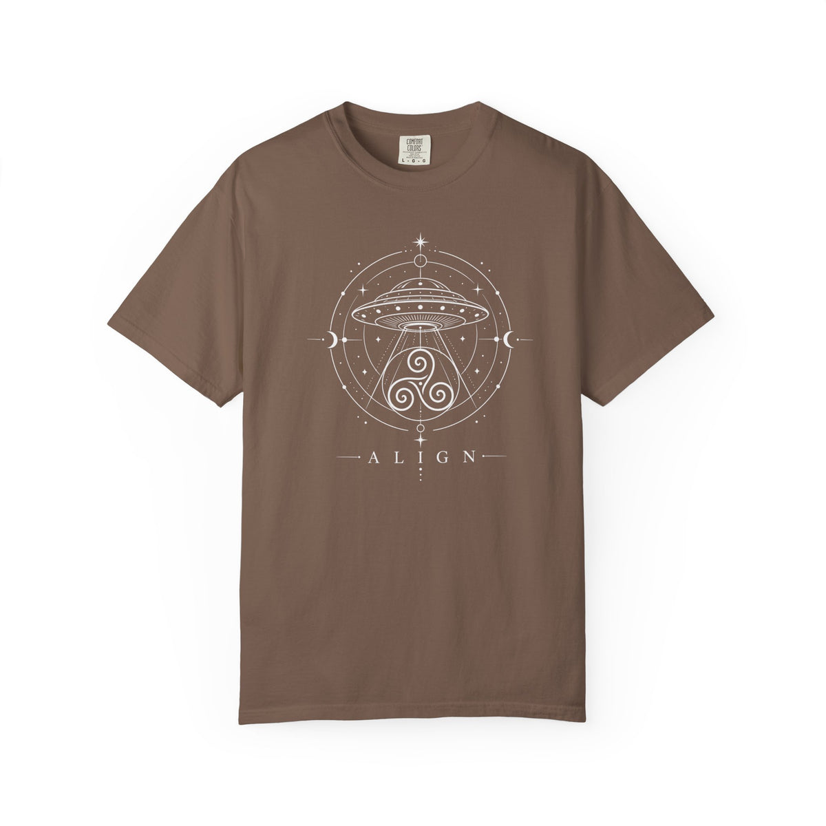Brown t-shirt with a black line design of a flying saucer with an Irisk triskele below and the words ' ALIGN' against a white background