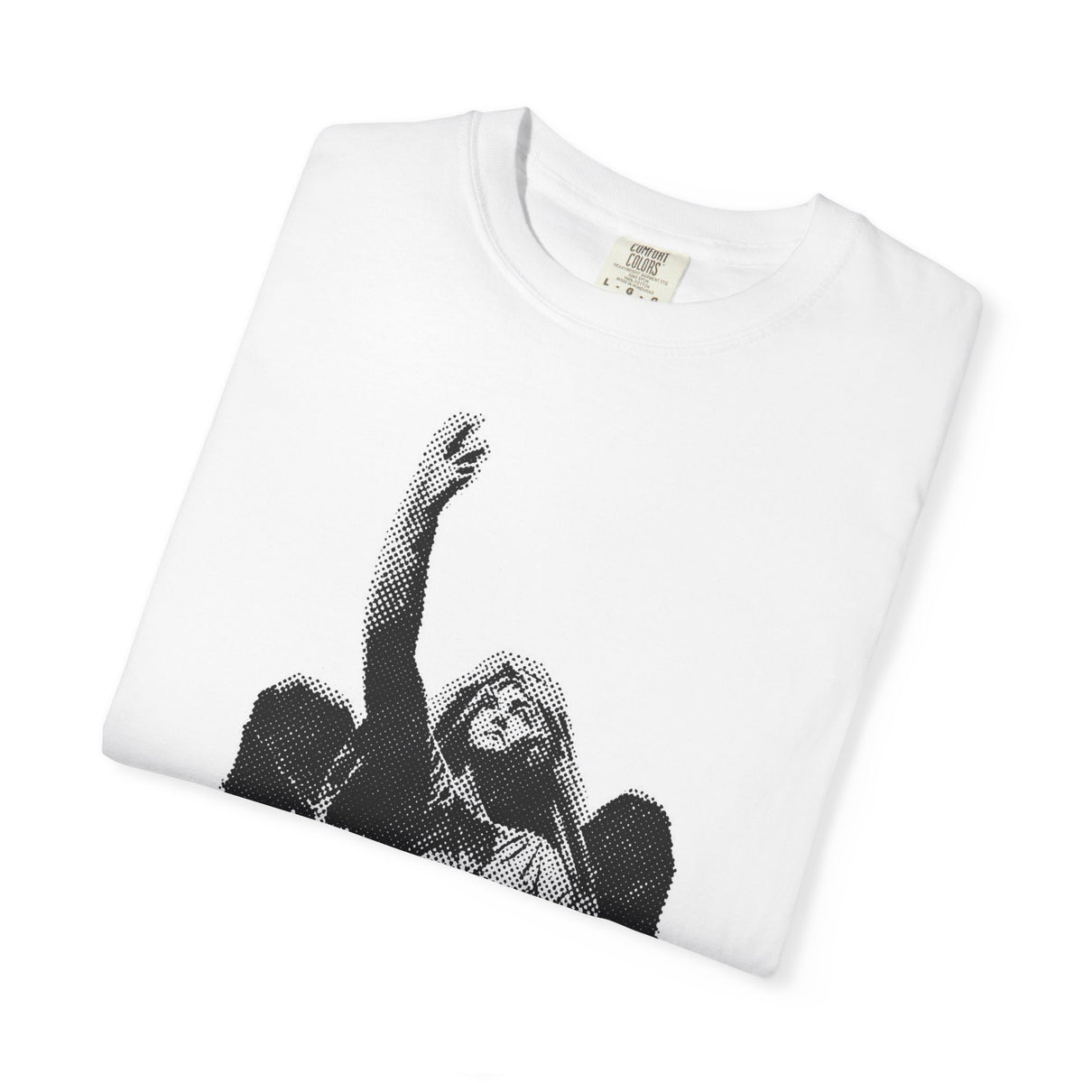 A folded white crewneck t-shirt featuring a black halftone graphic of a bearded man with one arm raised, displayed on a clean white background.