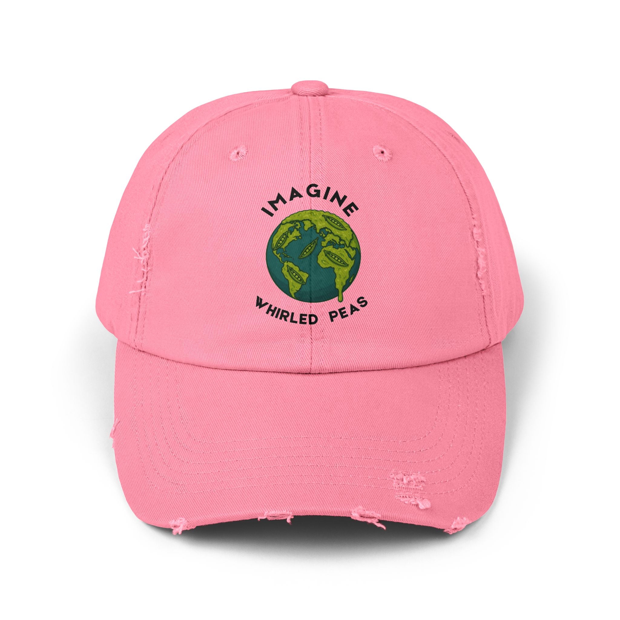 Imagine Whirled Peas pun Unisex Distressed Cap with Planet design - Mutantur Labs LLC